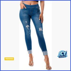 Stretch Pull-On Jeans Skinny Ripped Distressed Denim Jeggings